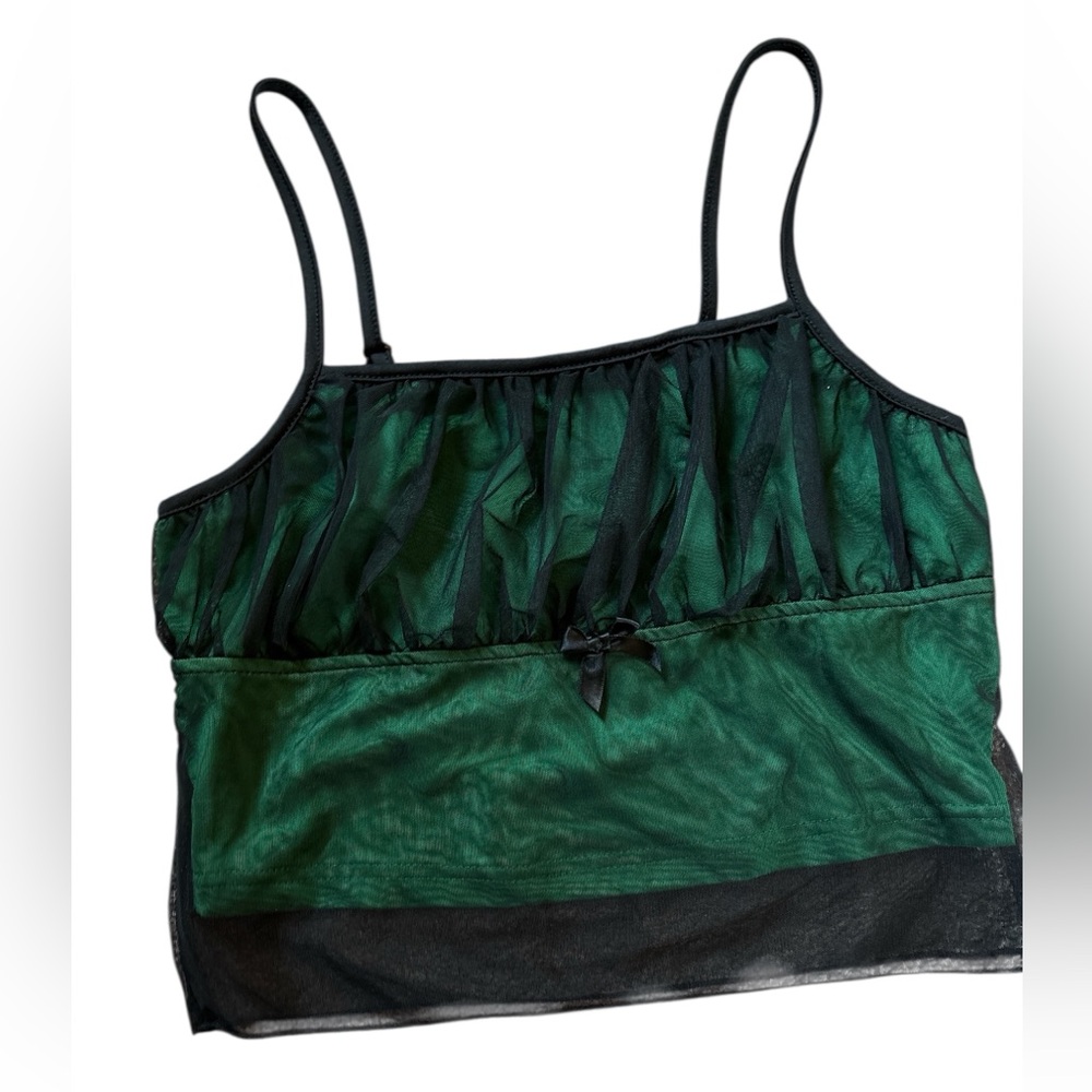 Green and Black Sheer Camisole crop tank top tulle overlay small